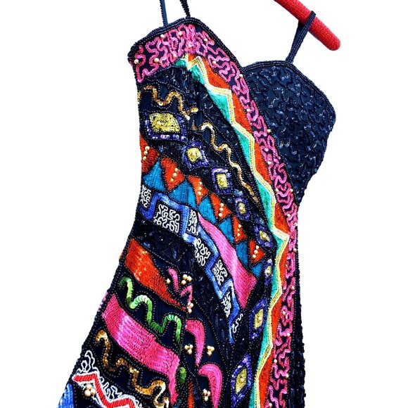 Black Beaded Dress 80s XS Together Silk Black Colorful - Picture 2 of 16